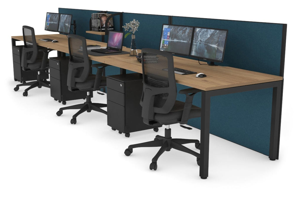Horizon Quadro 3 Person Run Square Legs Office Workstation [1400L x 800W with Cable Scallop]-black leg salvage oak deep blue (1200H x 4200W)
