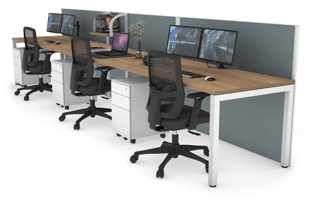Horizon Quadro 3 Person Run Square Legs Office Workstation [1400L x 800W with Cable Scallop]-white leg salvage oak cool grey (1200H x 4200W)