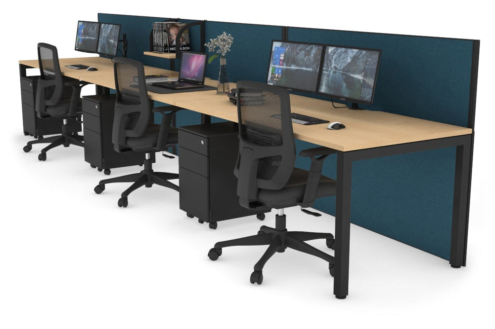 Horizon Quadro 3 Person Run Square Legs Office Workstation [1400L x 800W with Cable Scallop]-black leg maple deep blue (1200H x 4200W)