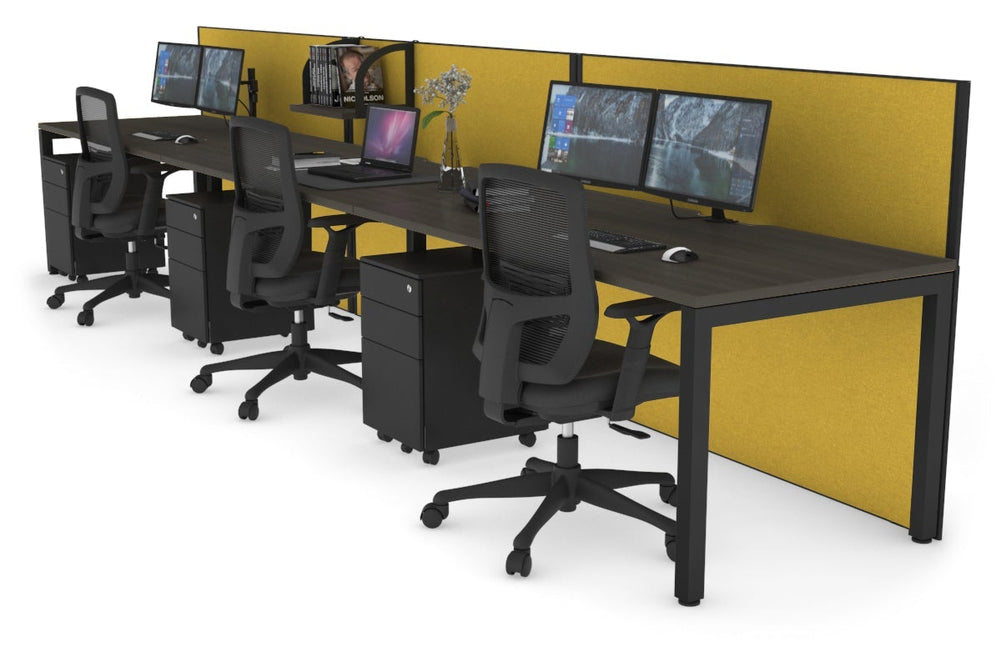 Horizon Quadro 3 Person Run Square Legs Office Workstation [1400L x 800W with Cable Scallop]-black leg dark oak mustard yellow (1200H x 4200W)
