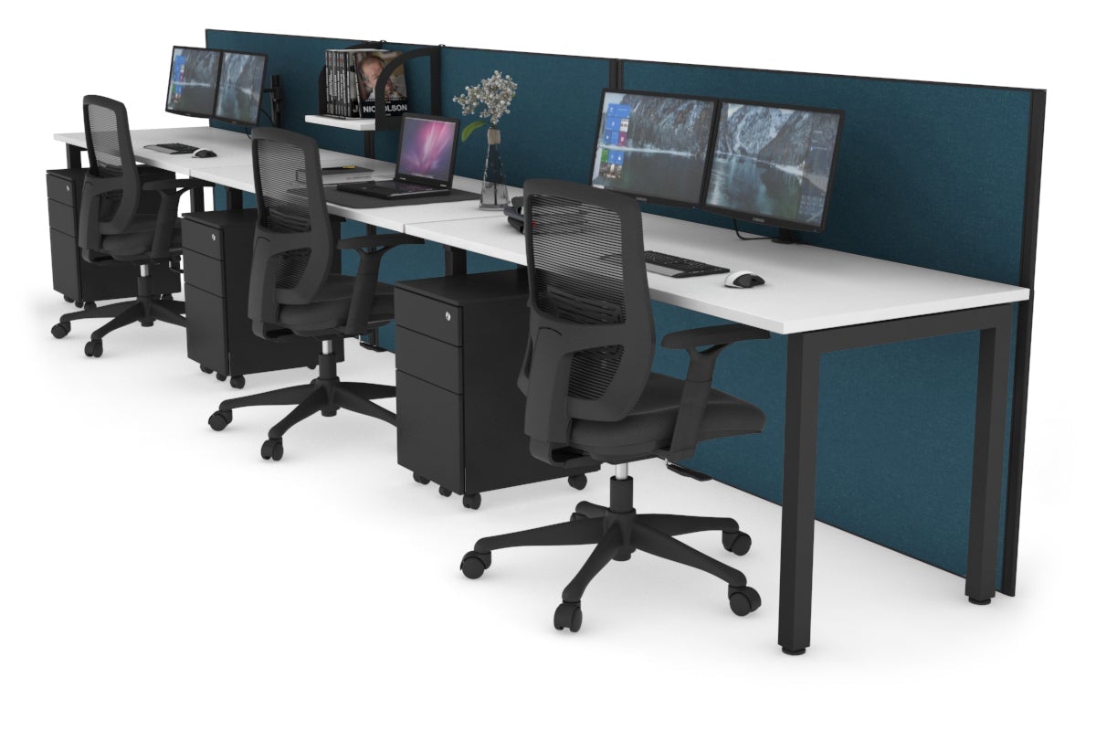 Horizon Quadro 3 Person Run Square Leg Office Workstations [1600L x 700W] Jasonl black leg white deep blue (1200H x 4800W)