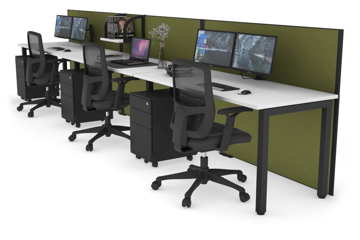 Horizon Quadro 3 Person Run Square Leg Office Workstations [1600L x 700W] Jasonl black leg white green moss (1200H x 4800W)