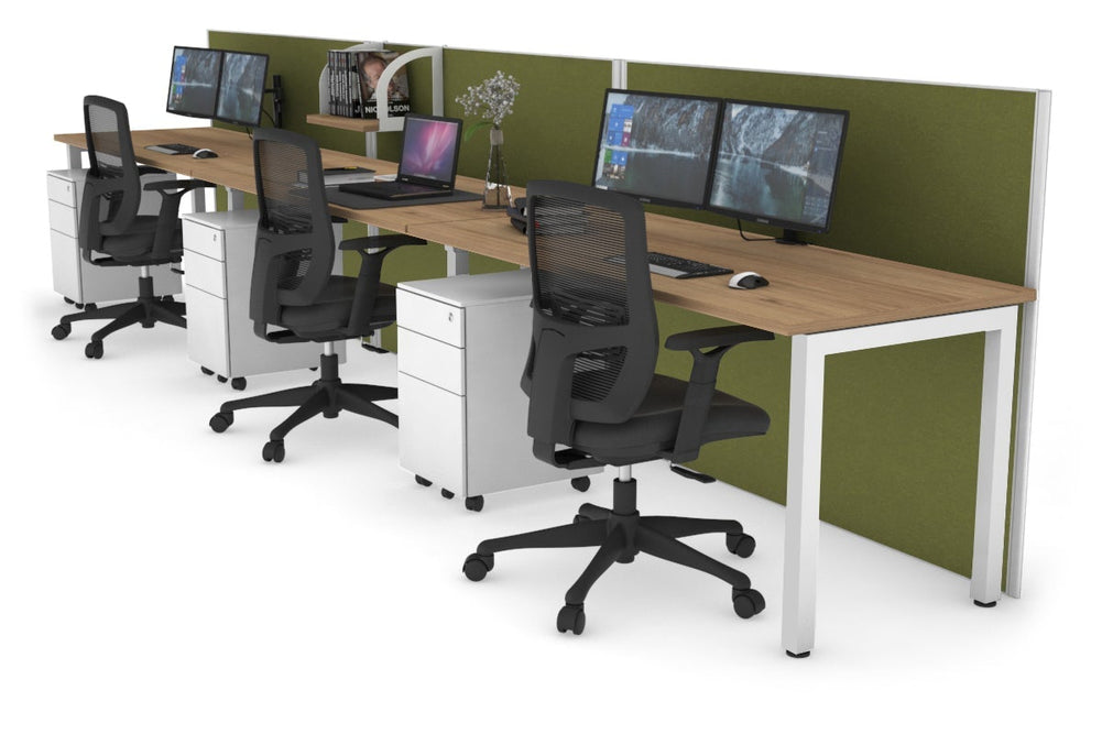 Horizon Quadro 3 Person Run Square Legs Office Workstation [1600L x 700W]-white leg salvage oak green moss (1200H x 4800W)
