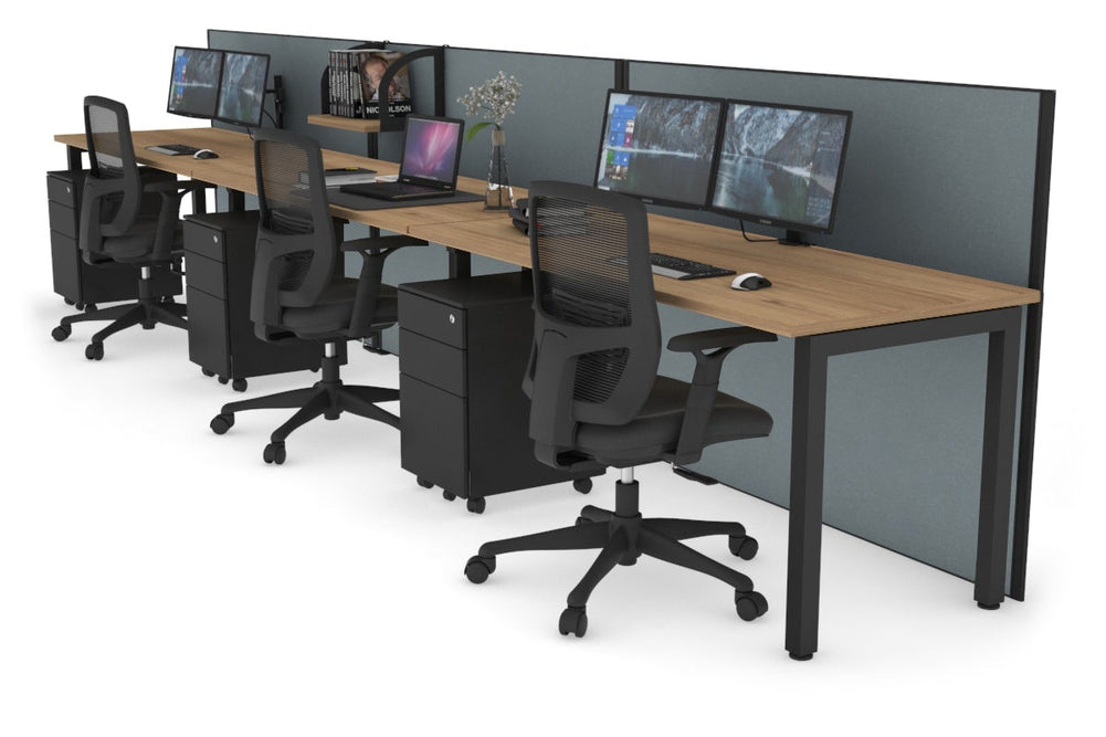 Horizon Quadro 3 Person Run Square Legs Office Workstation [1600L x 700W]-black leg salvage oak cool grey (1200H x 4800W)