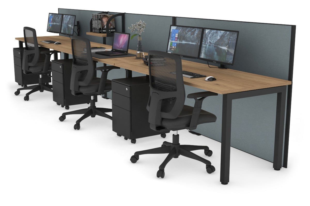 Horizon Quadro 3 Person Run Square Leg Office Workstations [1600L x 700W] Jasonl black leg salvage oak cool grey (1200H x 4800W)