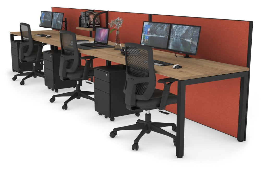 Horizon Quadro 3 Person Run Square Legs Office Workstation [1600L x 800W with Cable Scallop]-black leg salvage oak orange squash (1200H x 4800W)