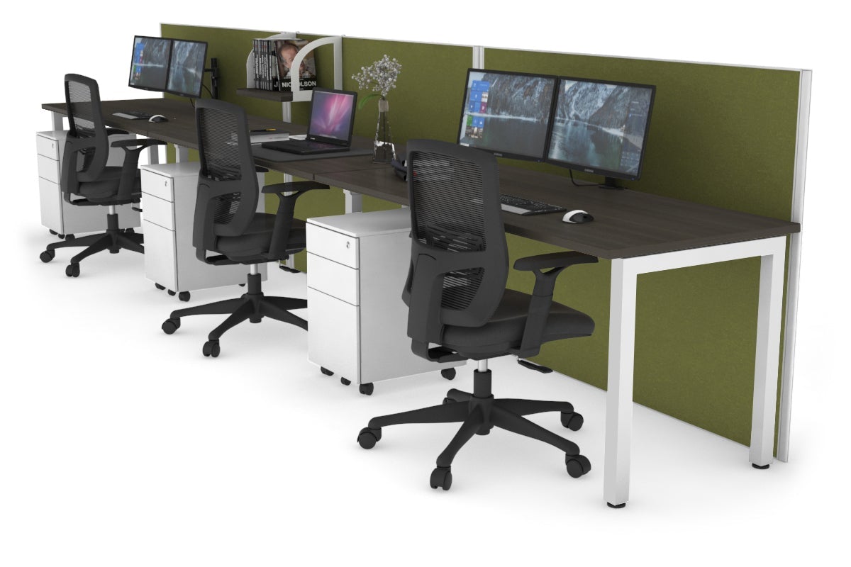 Horizon Quadro 3 Person Run Square Leg Office Workstations [1800L x 700W] Jasonl white leg dark oak green moss (1200H x 5400W)