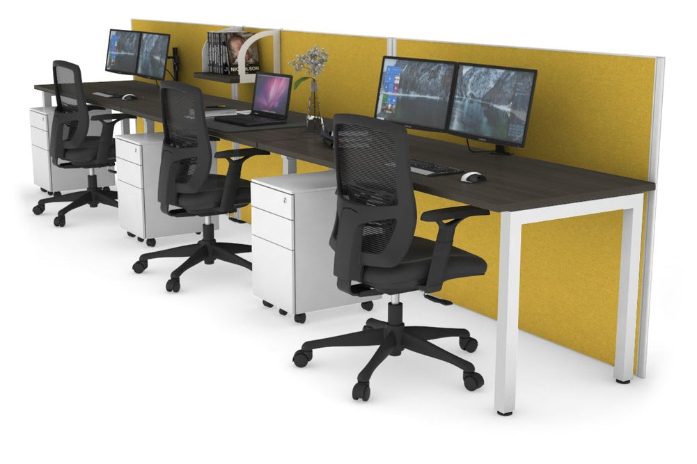 Horizon Quadro 3 Person Run Square Legs Office Workstation [1800L x 700W]-white leg dark oak mustard yellow (1200H x 5400W)