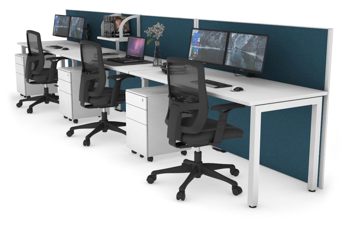 Horizon Quadro 3 Person Run Square Leg Office Workstations [1800L x 700W] Jasonl white leg white deep blue (1200H x 5400W)