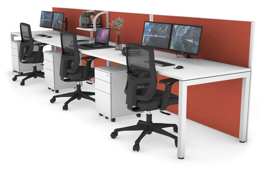 Horizon Quadro 3 Person Run Square Leg Office Workstations [1800L x 800W with Cable Scallop] Jasonl white leg white orange squash (1200H x 5400W)