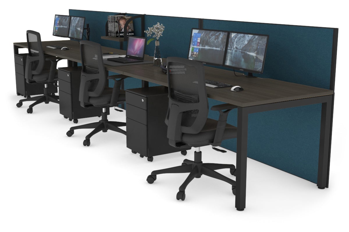 Horizon Quadro 3 Person Run Square Leg Office Workstations [1800L x 800W with Cable Scallop] Jasonl black leg dark oak deep blue (1200H x 5400W)