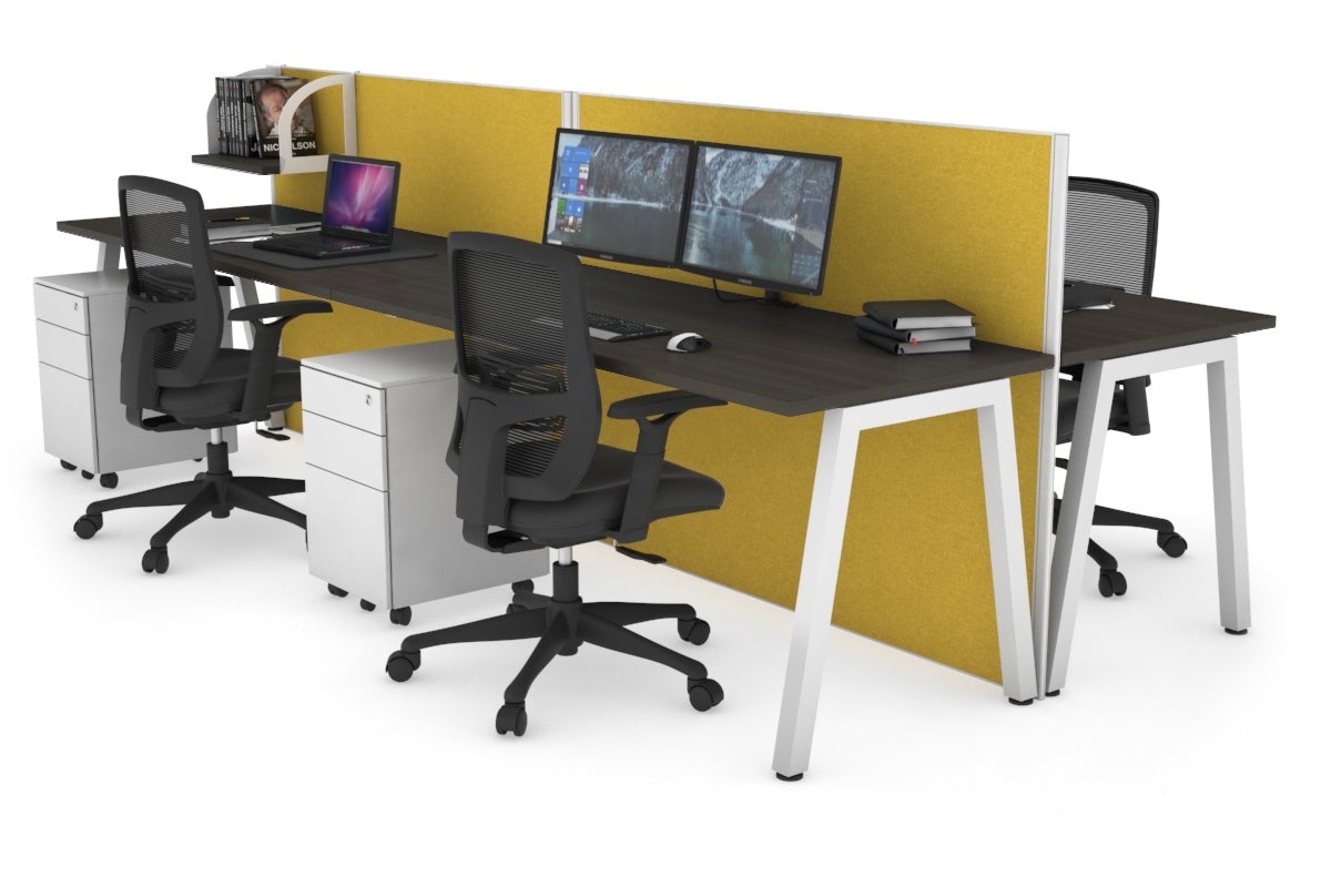 Horizon Quadro 4 Person Bench A Leg Office Workstations [1200L x 700W] Jasonl white leg dark oak mustard yellow (1200H x 2400W)