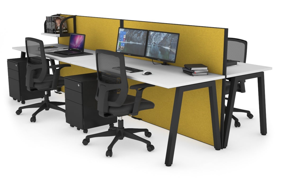 Horizon Quadro 4 Person Bench A Leg Office Workstations [1200L x 700W] Jasonl black leg white mustard yellow (1200H x 2400W)