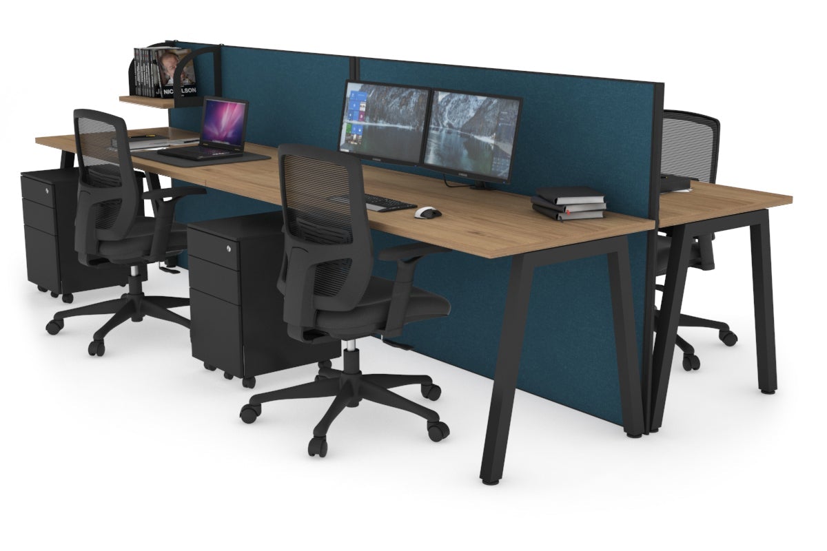 Horizon Quadro 4 Person Bench A Leg Office Workstations [1200L x 700W] Jasonl black leg salvage oak deep blue (1200H x 2400W)