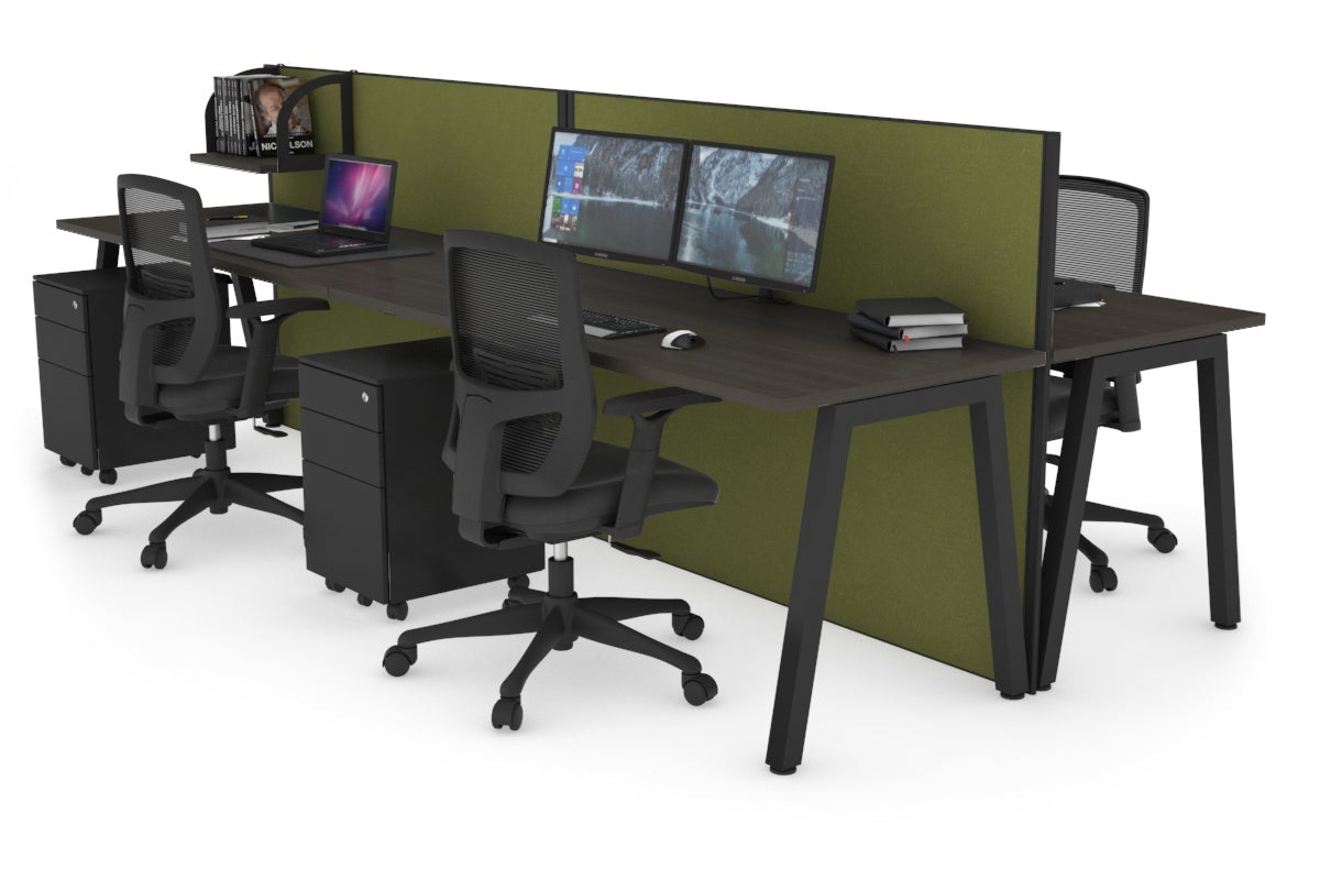 Horizon Quadro 4 Person Bench A Leg Office Workstations [1200L x 700W] Jasonl black leg dark oak green moss (1200H x 2400W)