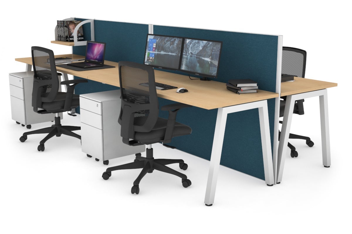 Horizon Quadro 4 Person Bench A Leg Office Workstations [1200L x 700W] Jasonl white leg maple deep blue (1200H x 2400W)