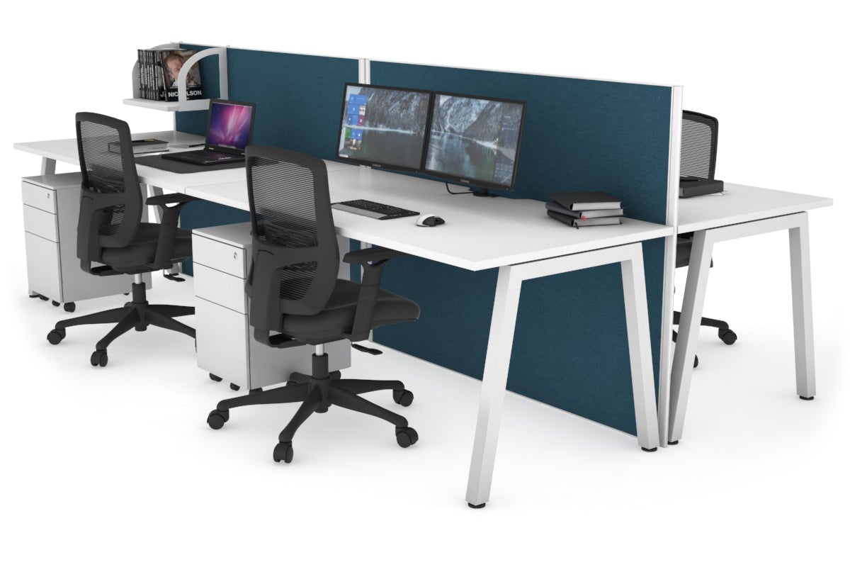Horizon Quadro 4 Person Bench A Leg Office Workstations [1200L x 800W with Cable Scallop] Jasonl white leg white deep blue (1200H x 2400W)