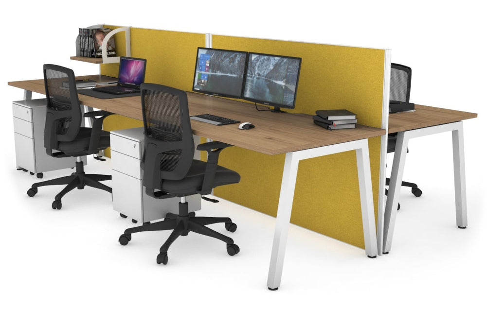 Horizon Quadro 4 Person Bench A Legs Office Workstation [1200L x 800W with Cable Scallop]-white leg salvage oak mustard yellow (1200H x 2400W)
