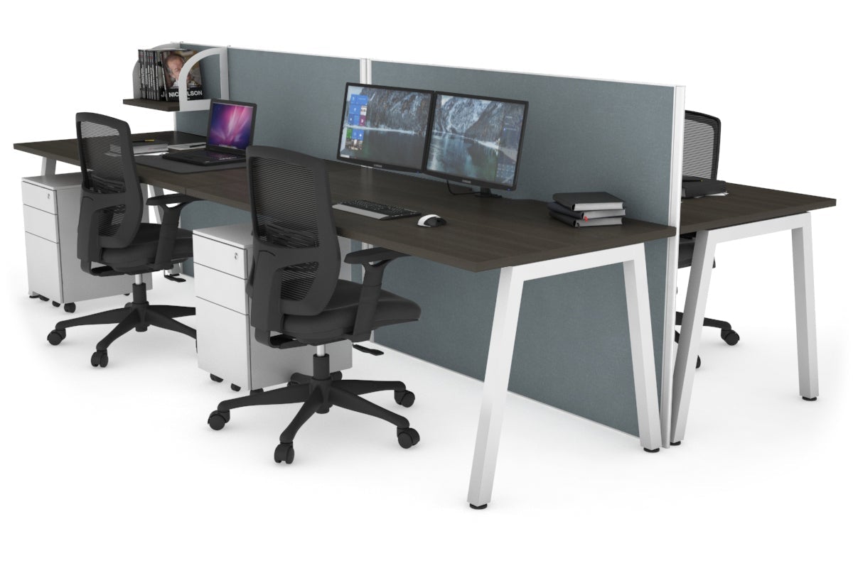 Horizon Quadro 4 Person Bench A Leg Office Workstations [1200L x 800W with Cable Scallop] Jasonl white leg dark oak cool grey (1200H x 2400W)
