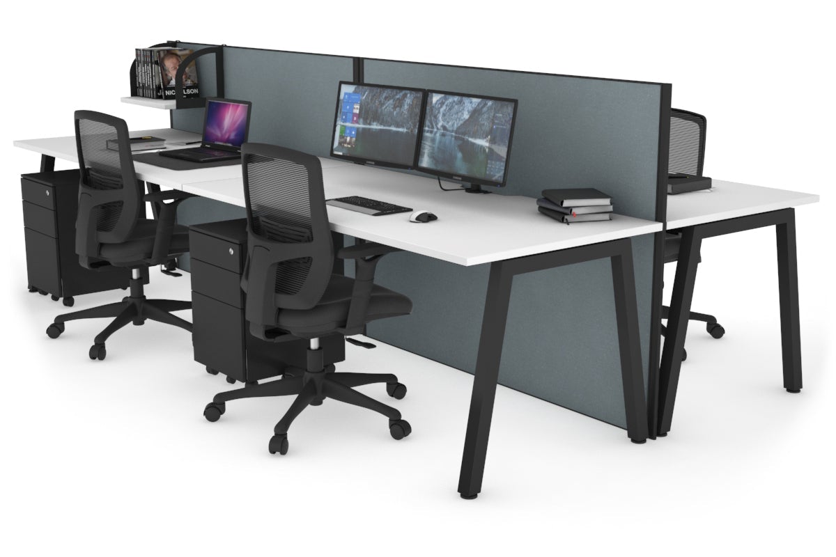 Horizon Quadro 4 Person Bench A Leg Office Workstations [1200L x 800W with Cable Scallop] Jasonl black leg white cool grey (1200H x 2400W)