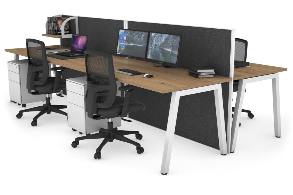 Horizon Quadro 4 Person Bench A Legs Office Workstation [1200L x 800W with Cable Scallop]-white leg salvage oak moody charcoal (1200H x 2400W)