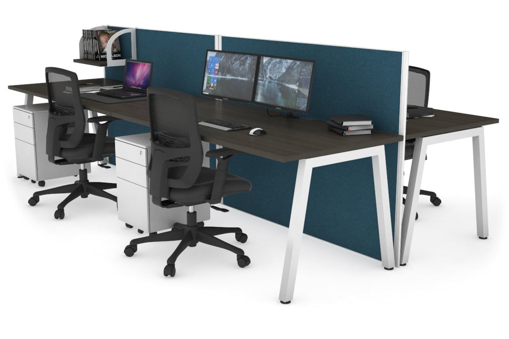 Horizon Quadro 4 Person Bench A Legs Office Workstation [1200L x 800W with Cable Scallop]-white leg dark oak deep blue (1200H x 2400W)