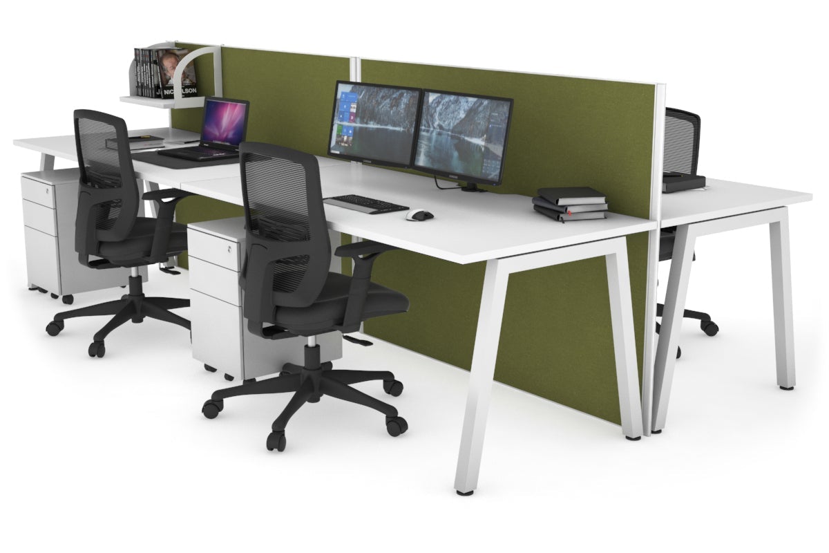 Horizon Quadro 4 Person Bench A Leg Office Workstations [1200L x 800W with Cable Scallop] Jasonl white leg white green moss (1200H x 2400W)