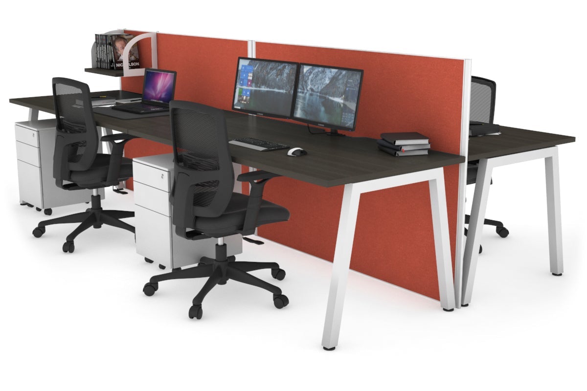 Horizon Quadro 4 Person Bench A Leg Office Workstations [1200L x 800W with Cable Scallop] Jasonl white leg dark oak orange squash (1200H x 2400W)