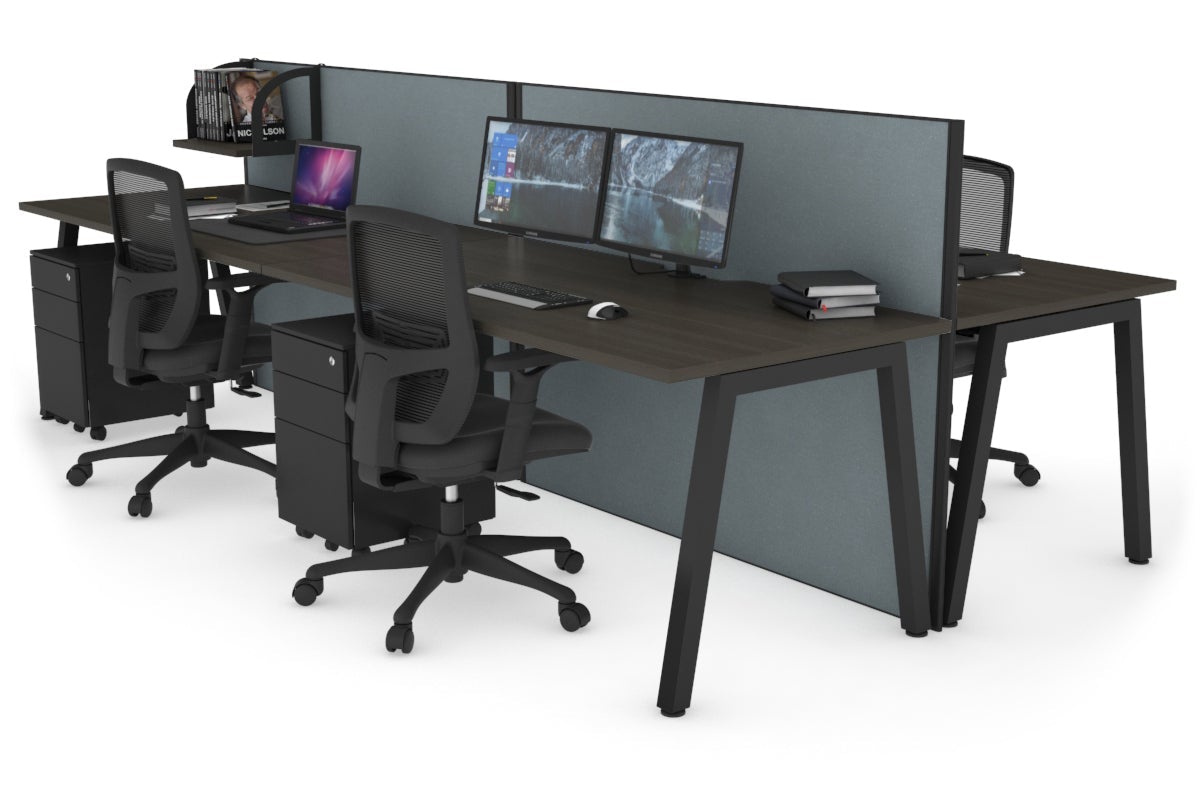 Horizon Quadro 4 Person Bench A Leg Office Workstations [1200L x 800W with Cable Scallop] Jasonl black leg dark oak cool grey (1200H x 2400W)