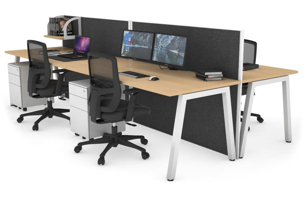 Horizon Quadro 4 Person Bench A Legs Office Workstation [1200L x 800W with Cable Scallop]-white leg maple moody charcoal (1200H x 2400W)