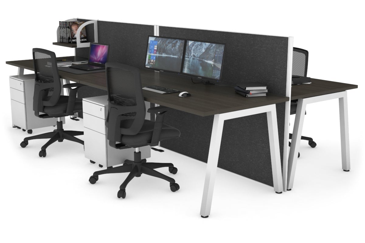 Horizon Quadro 4 Person Bench A Leg Office Workstations [1200L x 800W with Cable Scallop] Jasonl white leg dark oak moody charcoal (1200H x 2400W)