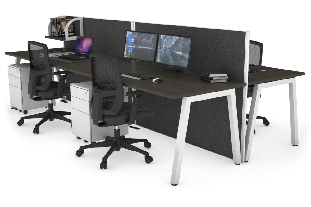 Horizon Quadro 4 Person Bench A Legs Office Workstation [1200L x 800W with Cable Scallop]-white leg dark oak moody charcoal (1200H x 2400W)