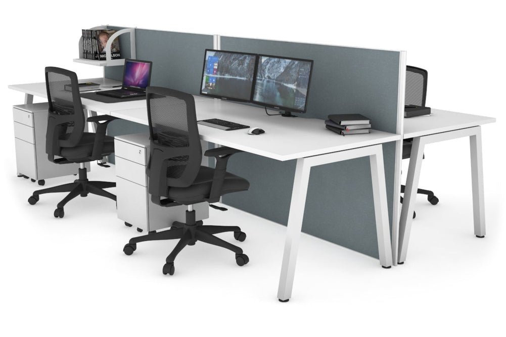 Horizon Quadro 4 Person Bench A Legs Office Workstation [1200L x 800W with Cable Scallop]-white leg white cool grey (1200H x 2400W)