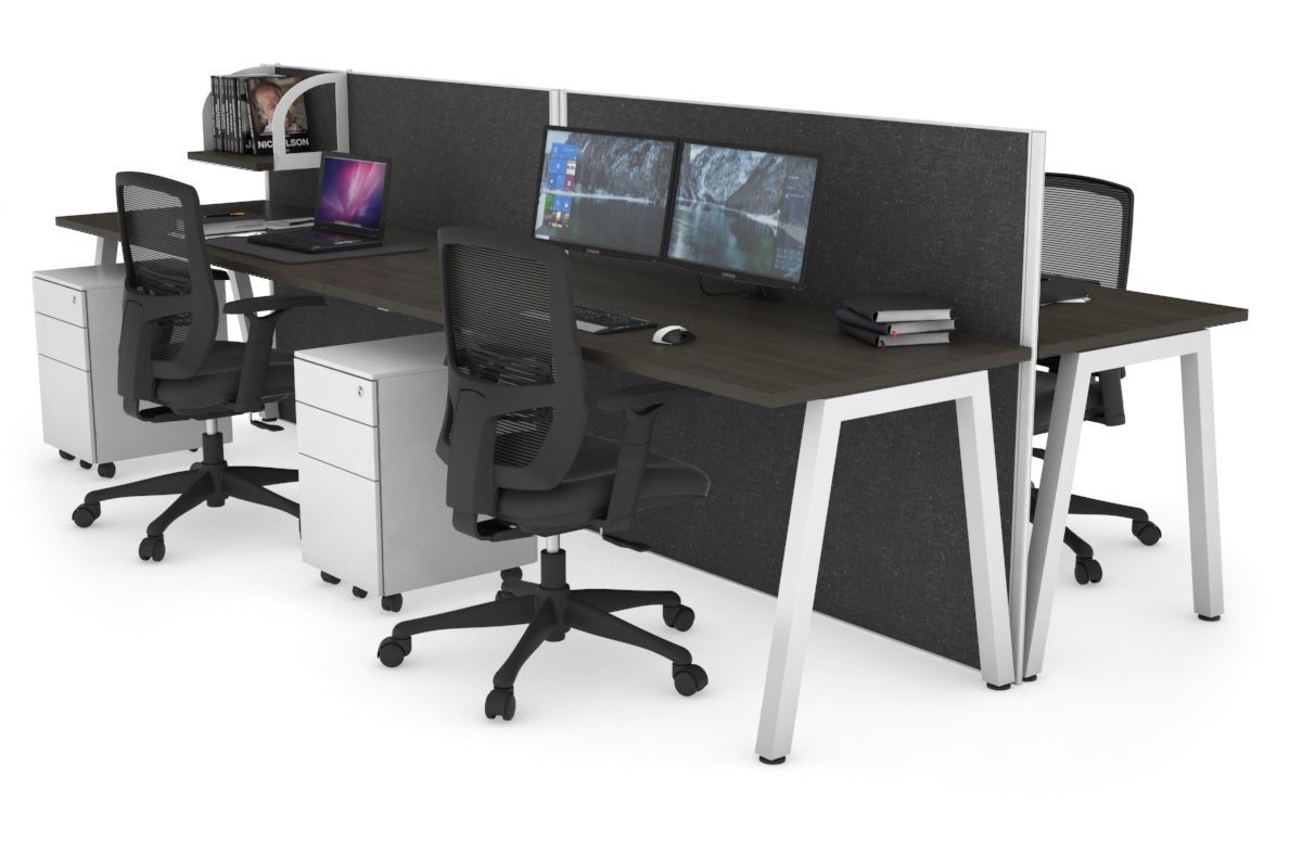 Horizon Quadro 4 Person Bench A Leg Office Workstations [1400L x 700W] Jasonl white leg dark oak moody charcoal (1200H x 2800W)