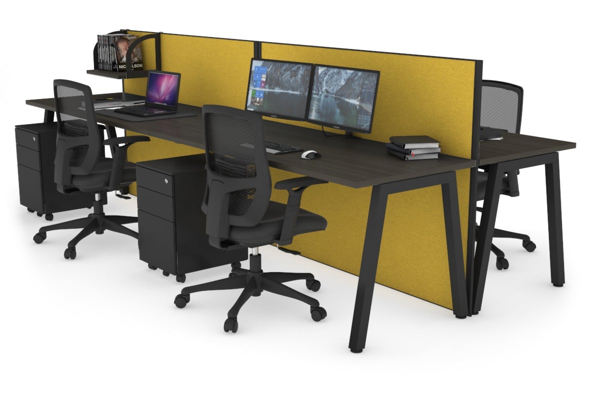 Horizon Quadro 4 Person Bench A Leg Office Workstations [1400L x 700W] Jasonl black leg dark oak mustard yellow (1200H x 2800W)
