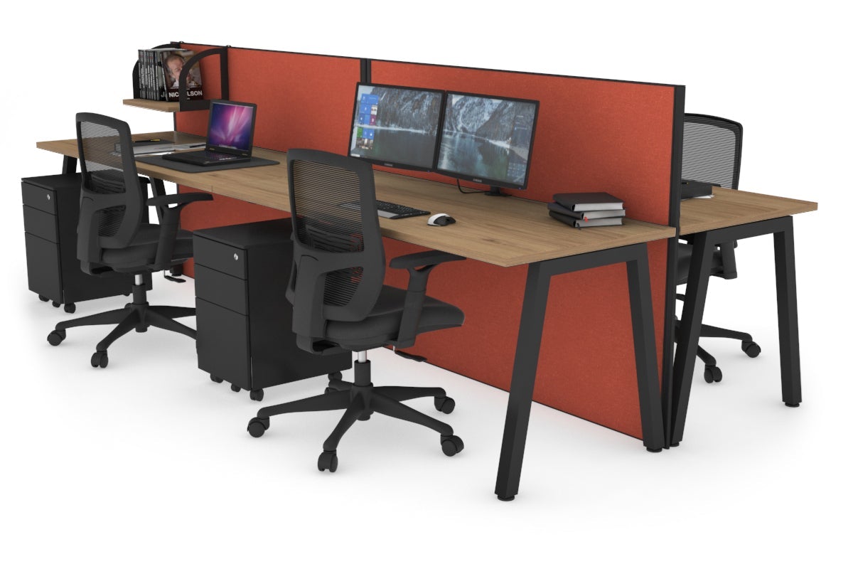 Horizon Quadro 4 Person Bench A Leg Office Workstations [1400L x 700W] Jasonl black leg salvage oak orange squash (1200H x 2800W)