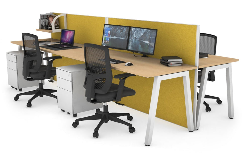 Horizon Quadro 4 Person Bench A Legs Office Workstation [1400L x 700W]-white leg maple mustard yellow (1200H x 2800W)
