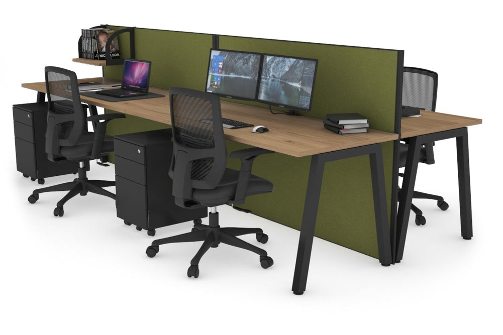 Horizon Quadro 4 Person Bench A Legs Office Workstation [1400L x 700W]-black leg salvage oak green moss (1200H x 2800W)