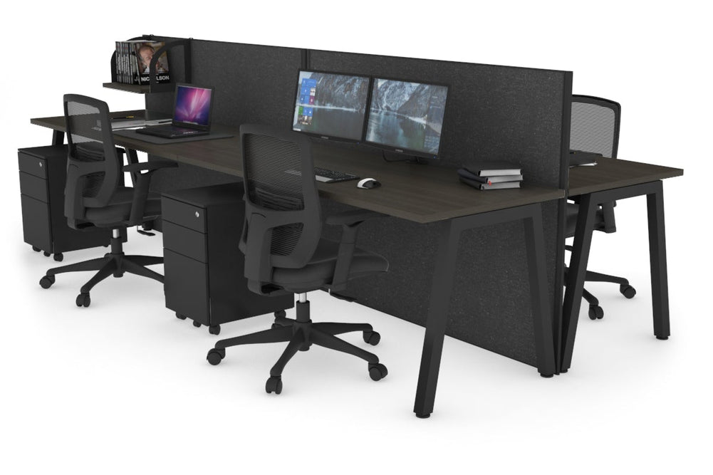 Horizon Quadro 4 Person Bench A Legs Office Workstation [1400L x 700W]-black leg dark oak moody charcoal (1200H x 2800W)