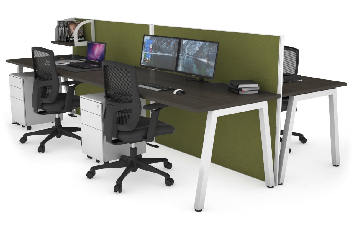 Horizon Quadro 4 Person Bench A Leg Office Workstations [1400L x 800W with Cable Scallop] Jasonl white leg dark oak green moss (1200H x 2800W)