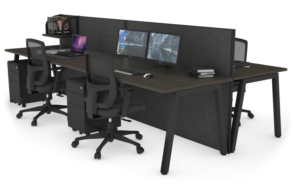 Horizon Quadro 4 Person Bench A Legs Office Workstation [1400L x 800W with Cable Scallop]-black leg dark oak moody charcoal (1200H x 2800W)