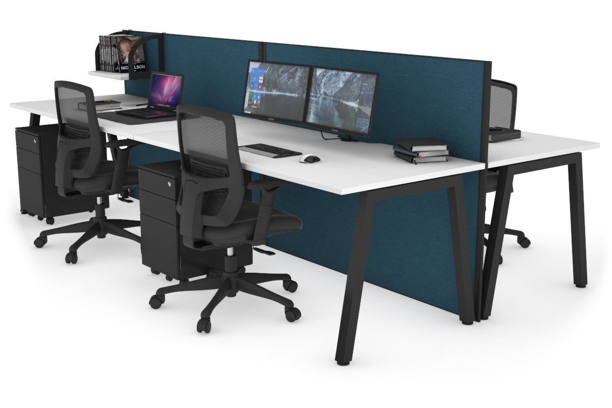 Horizon Quadro 4 Person Bench A Leg Office Workstations [1400L x 800W with Cable Scallop] Jasonl black leg white deep blue (1200H x 2800W)