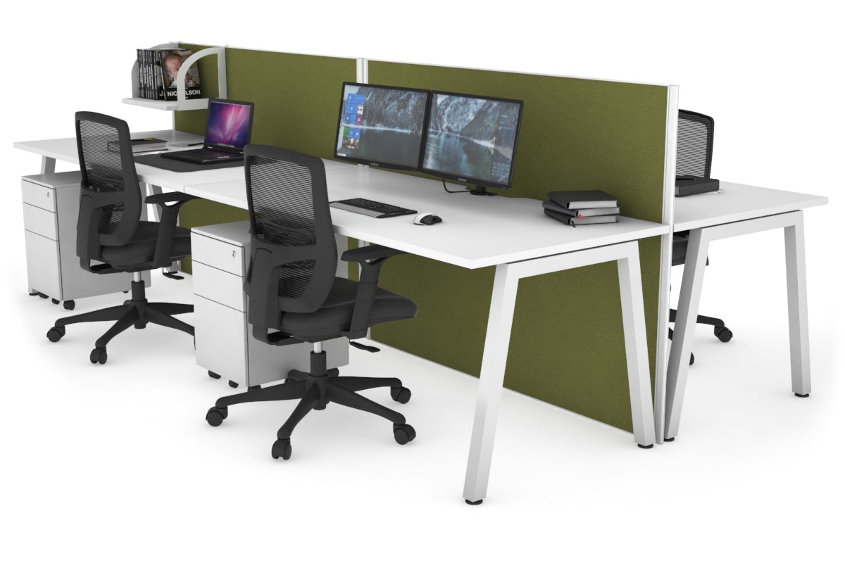 Horizon Quadro 4 Person Bench A Leg Office Workstations [1400L x 800W with Cable Scallop] Jasonl white leg white green moss (1200H x 2800W)