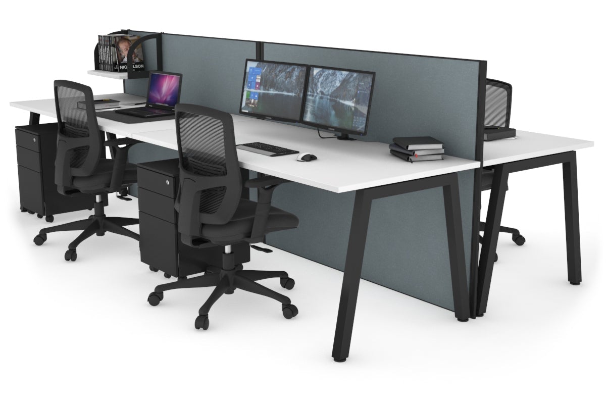 Horizon Quadro 4 Person Bench A Leg Office Workstations [1400L x 800W with Cable Scallop] Jasonl black leg white cool grey (1200H x 2800W)
