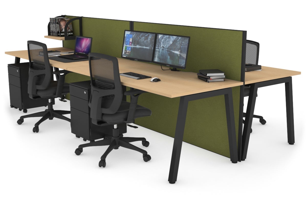 Horizon Quadro 4 Person Bench A Leg Office Workstations [1400L x 800W with Cable Scallop] Jasonl black leg maple green moss (1200H x 2800W)