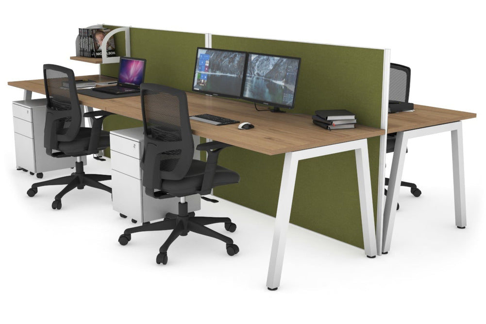 Horizon Quadro 4 Person Bench A Legs Office Workstation [1400L x 800W with Cable Scallop]-white leg salvage oak green moss (1200H x 2800W)