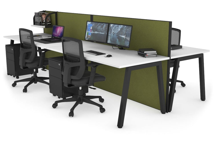 Horizon Quadro 4 Person Bench A Leg Office Workstations [1400L x 800W with Cable Scallop] Jasonl black leg white green moss (1200H x 2800W)
