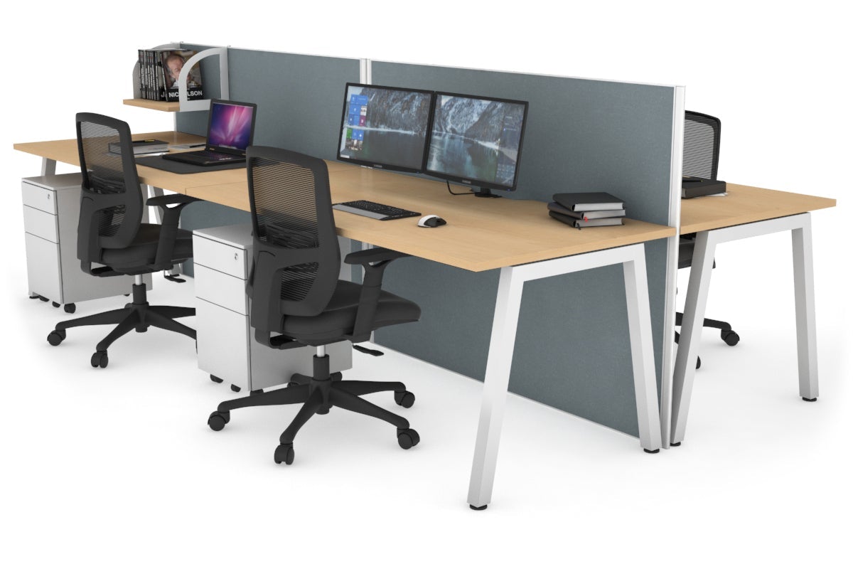 Horizon Quadro 4 Person Bench A Leg Office Workstations [1400L x 800W with Cable Scallop] Jasonl white leg maple cool grey (1200H x 2800W)
