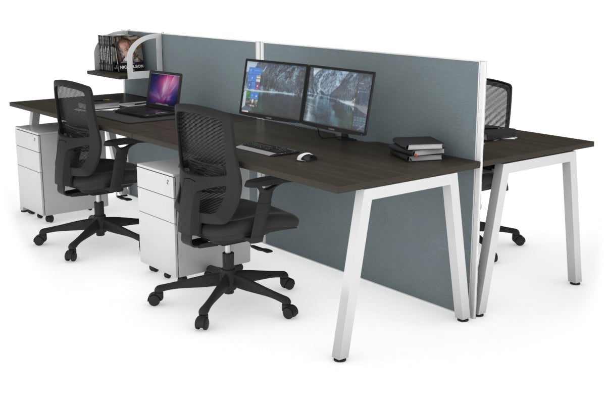 Horizon Quadro 4 Person Bench A Leg Office Workstations [1400L x 800W with Cable Scallop] Jasonl white leg dark oak cool grey (1200H x 2800W)