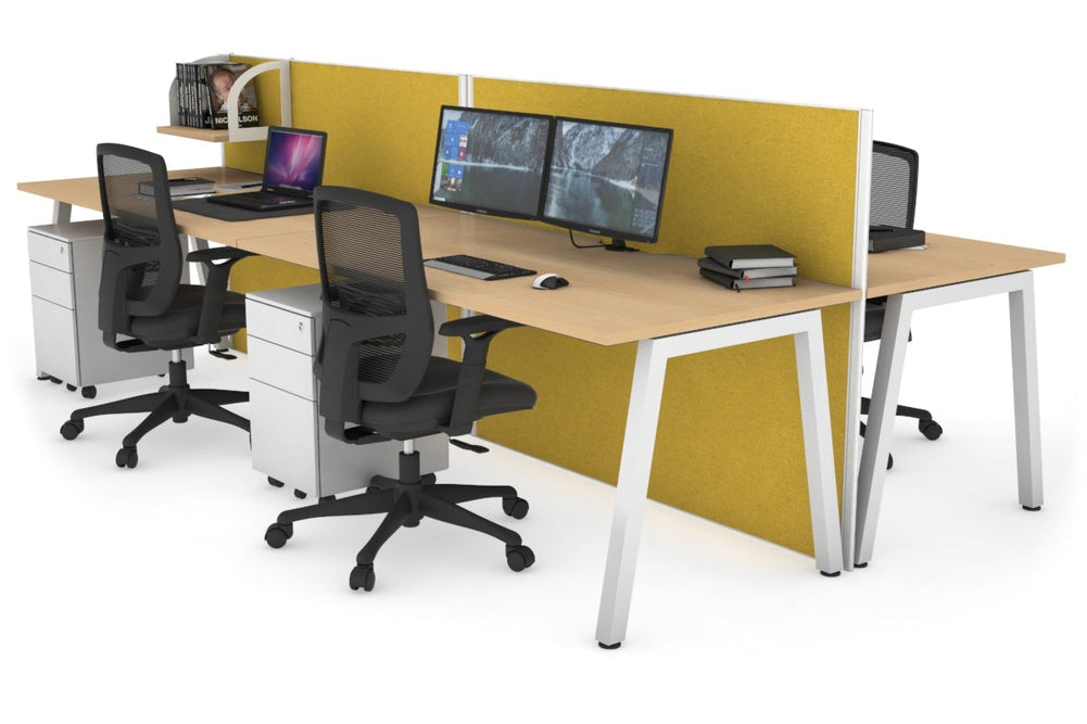 Horizon Quadro 4 Person Bench A Legs Office Workstation [1400L x 800W with Cable Scallop]-white leg maple mustard yellow (1200H x 2800W)